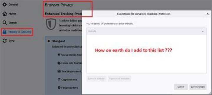 How do I add tracking exceptions to Firefox?